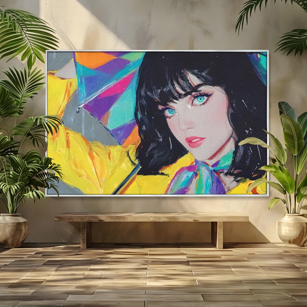 Tablou canvas cu pictura cu femeie bruneta si umbrela colorata, in rama de aluminiu argintiu